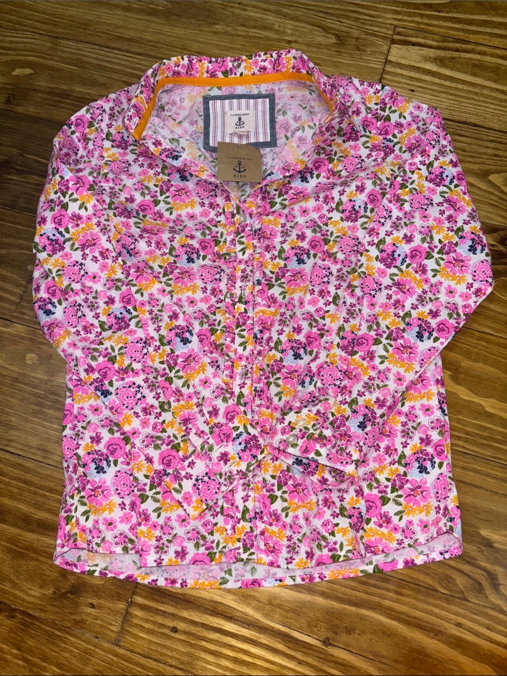 NWT Land’s End Kids Radiant Pink Flower Garden Button-up Girls Size 12